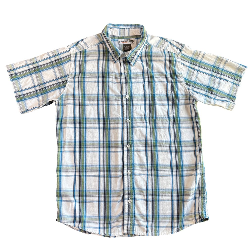 Urban Pipeline Mens XL 18/20 Plaid Short Sleeve Button Down Shirt Blue Grn White